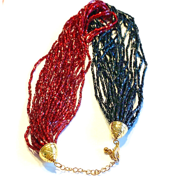 Y2K Beaded Multistrand Choker Necklace Knotted Black & Red Dramatic Statement - Picture 8 of 8